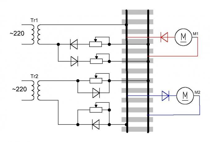 एक साधारण नियंत्रण परिपथ दो डीसी में एक ही बिजली की लाइन के मोटर्स