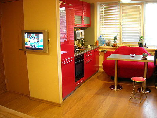 रसोई के साथ कमरे में रहने वाले डिजाइन