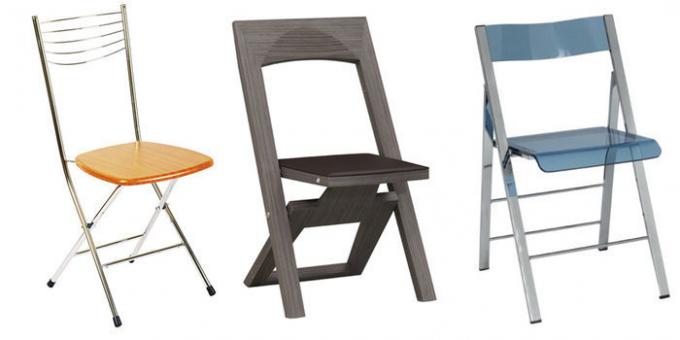 फोटो रसोई के लिए तह कुर्सियों के विभिन्न उदाहरण दिखाता है।