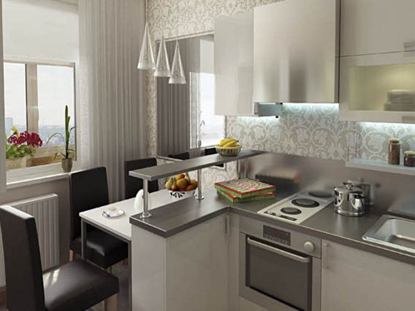 तस्वीर में दिखाया गया रसोई डिजाइन आधुनिक डिजाइन है, और यह स्पष्ट करता है कि इस तरह की सजावट एक छोटे से कमरे के लिए भी अच्छी है।