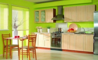 विपरीत विवरण के साथ रसोई के इंटीरियर में हल्के हरे रंग का संयोजन