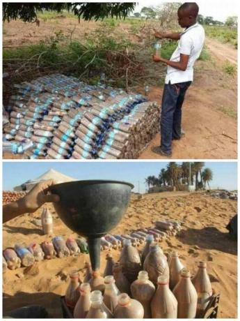 मूल ईंटों बनाने के लिए में प्रत्येक बोतल रेत डालना पड़ा। | फोटो: steemit.com।